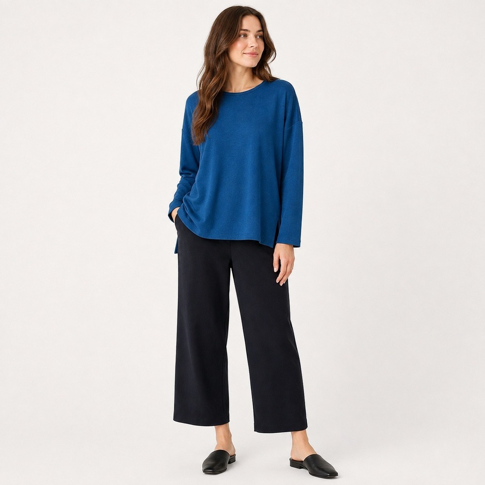 Eileen Fisher PP Petite Atlan Blue Brushed Terry Long Box Top NWT Lagenlook $168